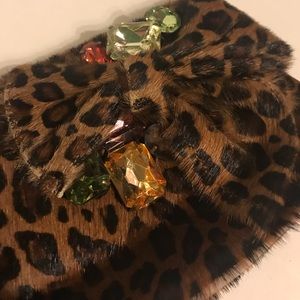 Vintage Betsey Johnson crystal leopard bow real fur leather clutch purse handbag